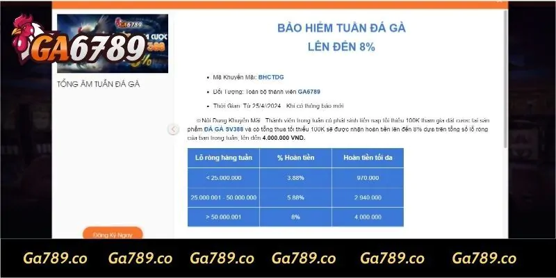 Khuyến mãi bảo hiểm tuần đá gà tại GA6789